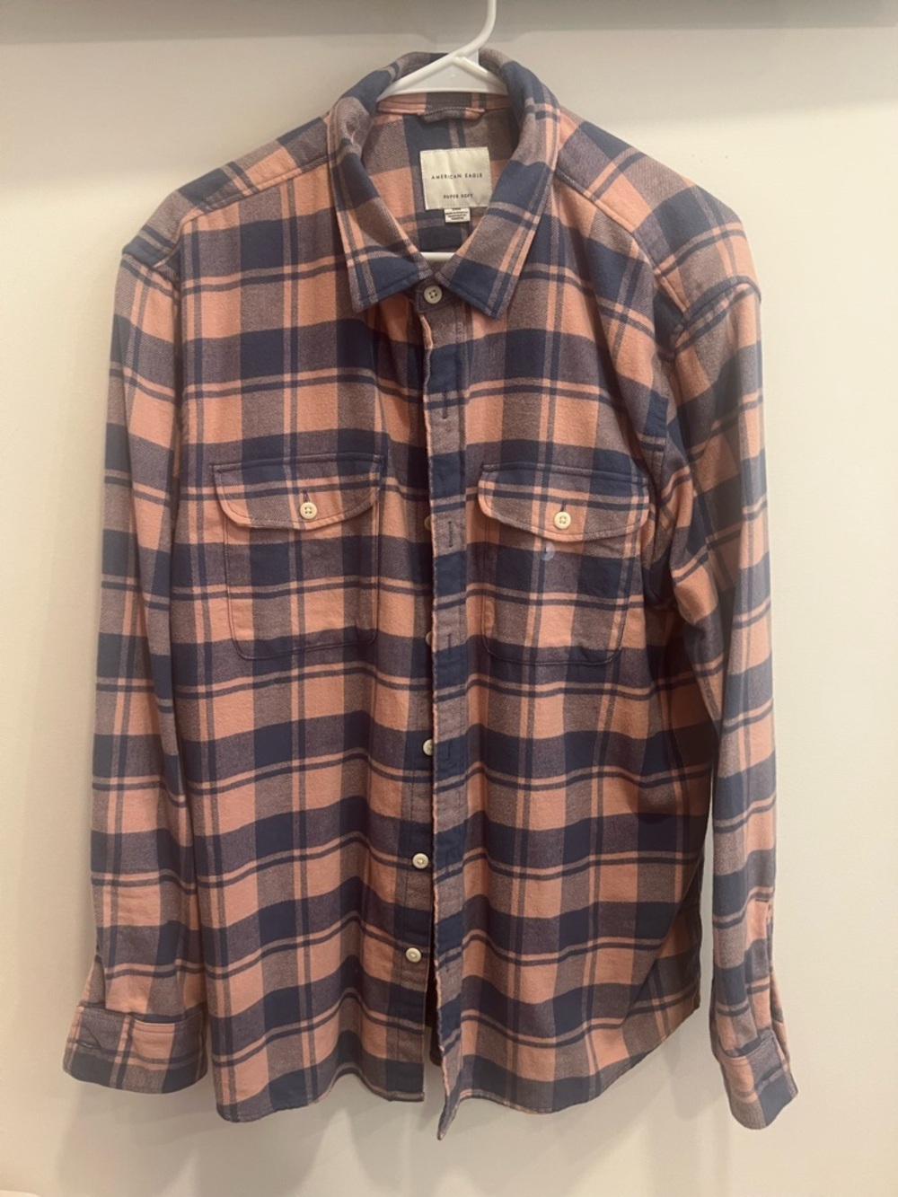 American Eagle Plaid Button-Down Shirt in Pink and Navy